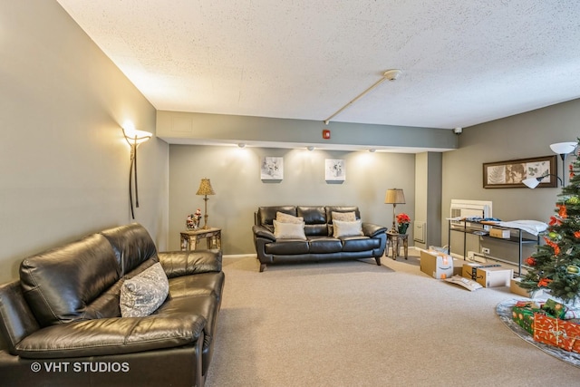 living room with carpet floors and a textured ceiling