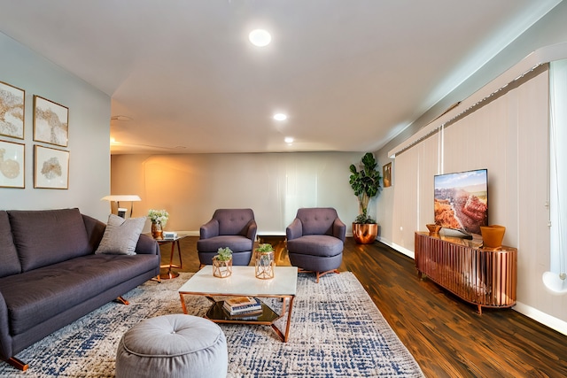 living room with dark wood-type flooring