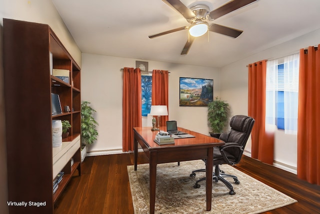 office area with ceiling fan and dark wood-type flooring