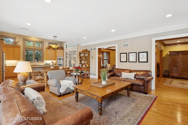 living room featuring crown molding and light hardwood / wood-style flooring