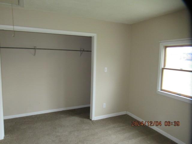 unfurnished bedroom featuring light colored carpet and a closet