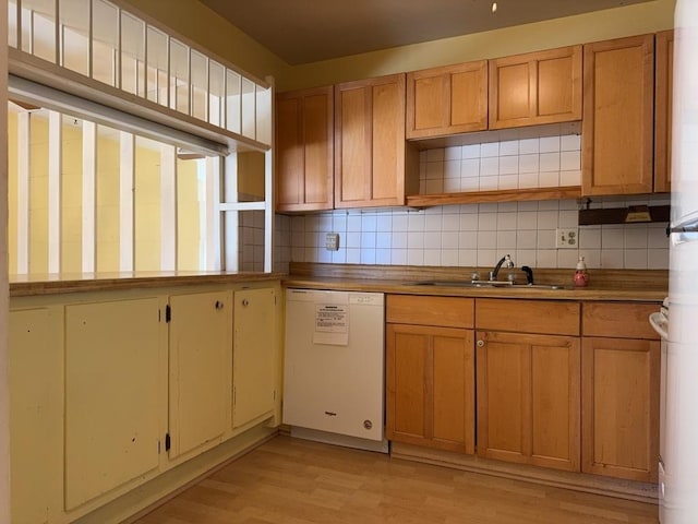 kitchen featuring a sink, open shelves, light wood finished floors, decorative backsplash, and dishwasher