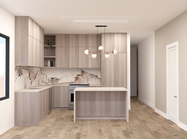 kitchen featuring light brown cabinets, sink, backsplash, pendant lighting, and stainless steel stove