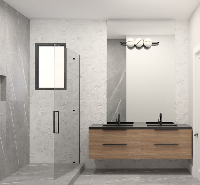 bathroom featuring vanity and walk in shower