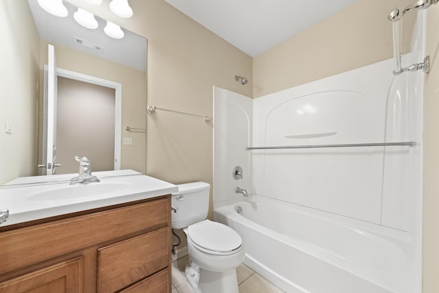 full bathroom with toilet, vanity, shower / bath combination, and tile patterned floors