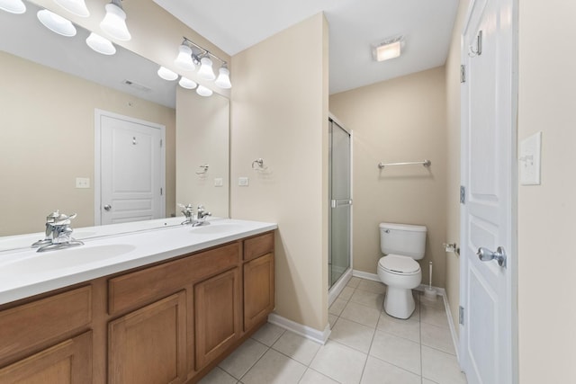 bathroom featuring tile patterned flooring, vanity, a shower with door, and toilet