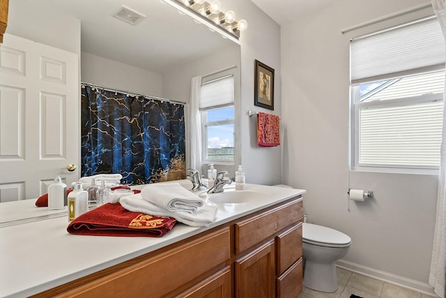 bathroom featuring vanity, toilet, and tile patterned flooring