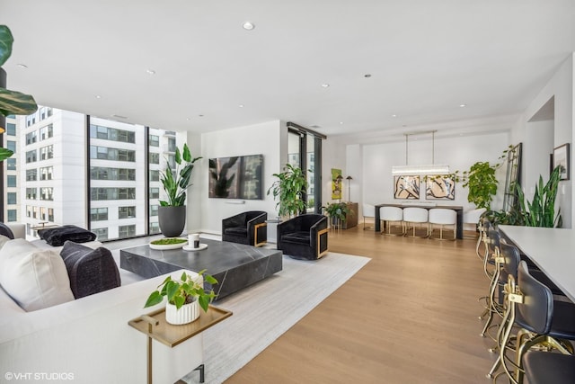 living room featuring light hardwood / wood-style floors and floor to ceiling windows