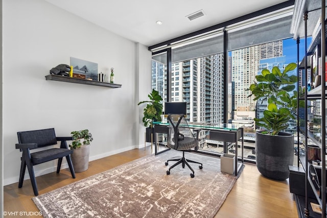 office with hardwood / wood-style flooring and expansive windows