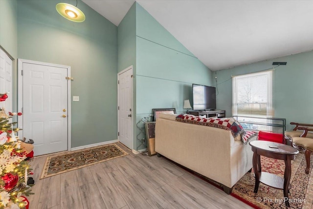 living room featuring high vaulted ceiling and light hardwood / wood-style flooring