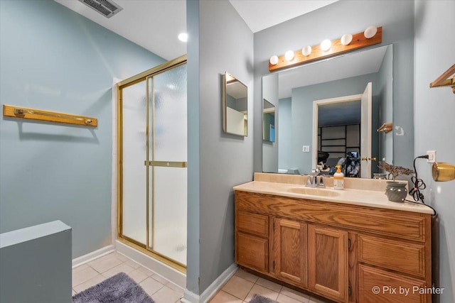 bathroom featuring tile patterned floors, vanity, and walk in shower