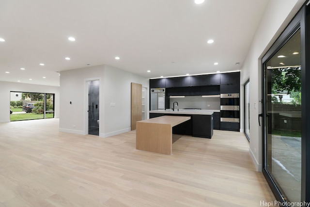 kitchen featuring light hardwood / wood-style flooring, an island with sink, and sink