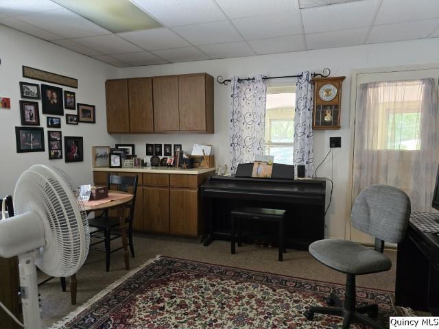 kitchen with a paneled ceiling and carpet flooring