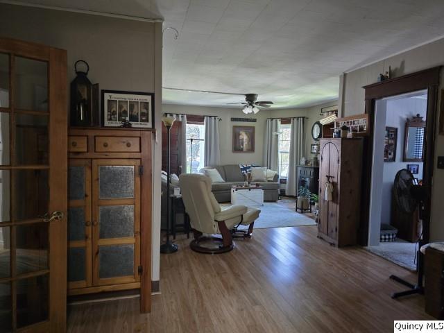 living room with hardwood / wood-style flooring and ceiling fan