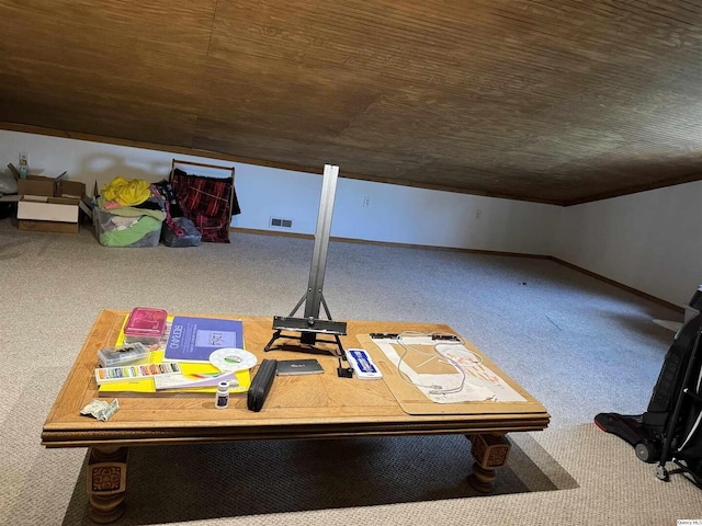 office area with lofted ceiling and carpet