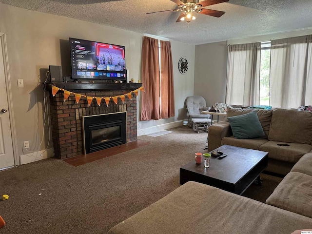 living room with a fireplace, a textured ceiling, and carpet