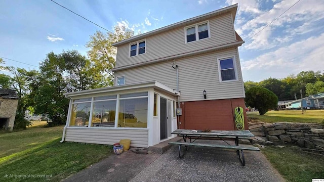 rear view of property with a sunroom and a lawn