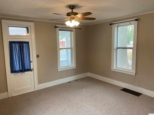 foyer featuring ornamental molding, plenty of natural light, and carpet floors