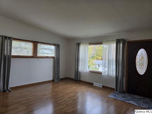 foyer entrance with dark wood-type flooring and lofted ceiling