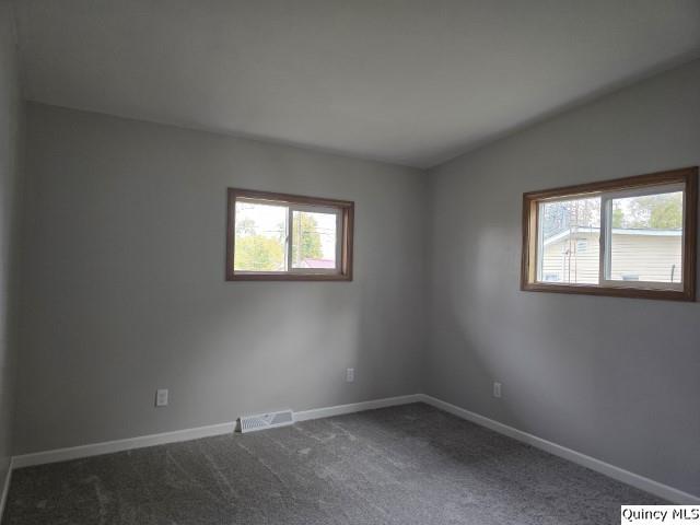 carpeted empty room featuring lofted ceiling