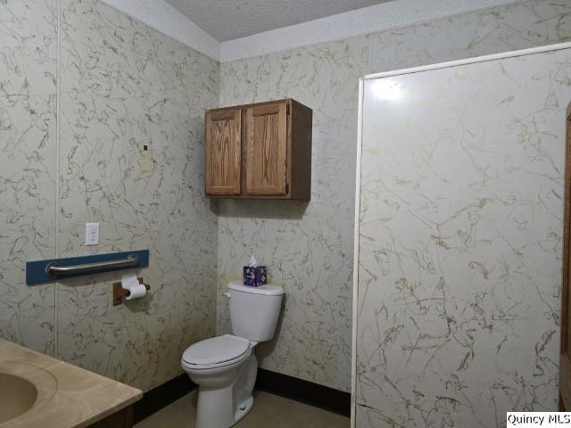 bathroom with vanity, a textured ceiling, and toilet