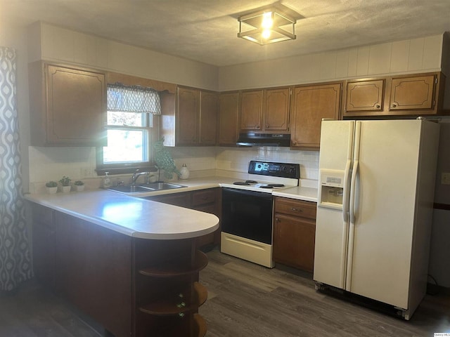 kitchen with sink, dark wood-type flooring, range with electric cooktop, white fridge with ice dispenser, and decorative backsplash