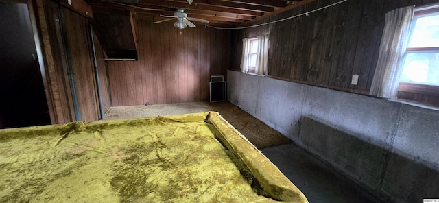 basement featuring ceiling fan, a healthy amount of sunlight, and wooden walls