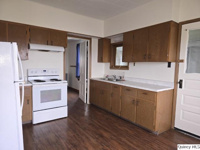 kitchen with sink, white appliances, and dark wood-type flooring