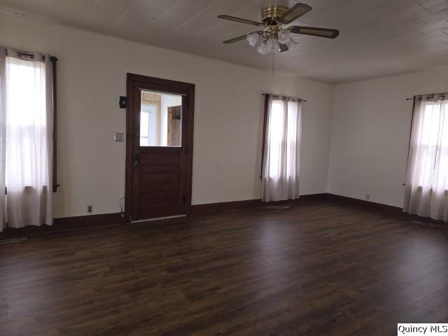 foyer featuring a wealth of natural light, dark hardwood / wood-style floors, and ceiling fan