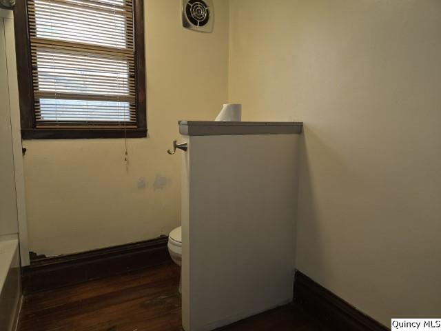 bathroom with vanity, hardwood / wood-style floors, and toilet