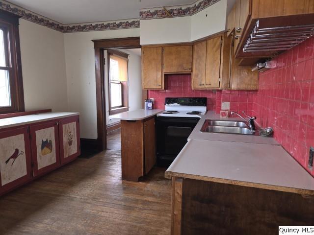 kitchen featuring electric range oven, dark wood-type flooring, plenty of natural light, and sink