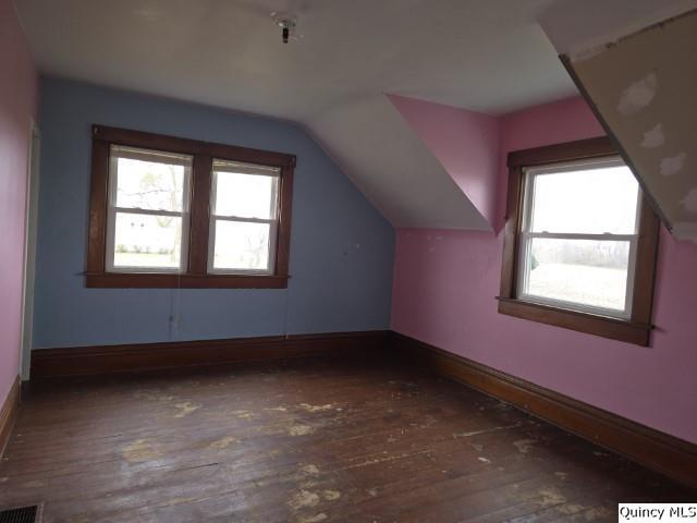 bonus room featuring lofted ceiling, dark hardwood / wood-style floors, and a wealth of natural light