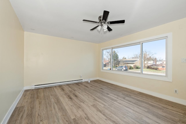 empty room featuring ceiling fan, light hardwood / wood-style flooring, and a baseboard radiator