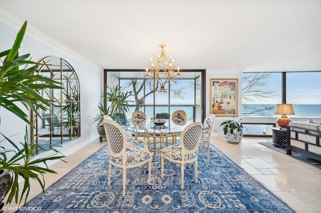 dining space featuring crown molding, a water view, floor to ceiling windows, and an inviting chandelier