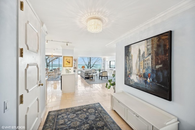 hall with an inviting chandelier, crown molding, and rail lighting