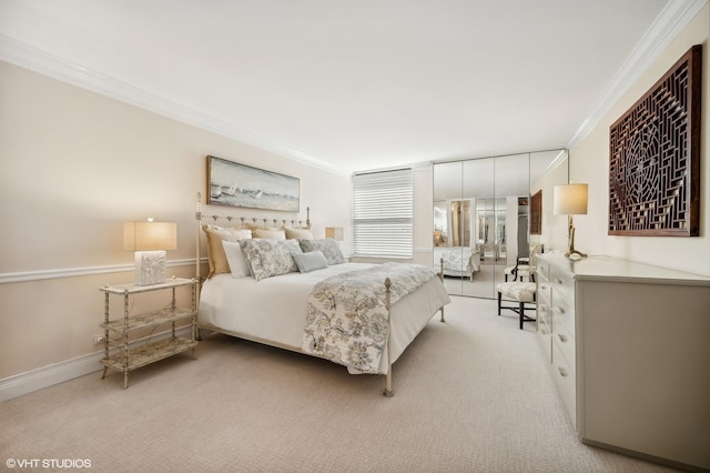 carpeted bedroom featuring crown molding