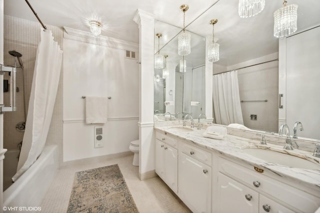 full bathroom featuring vanity, tile patterned floors, toilet, and shower / bathtub combination with curtain