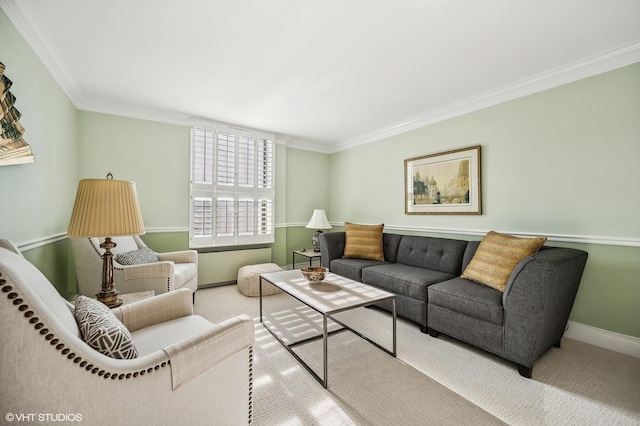 living room with crown molding and carpet