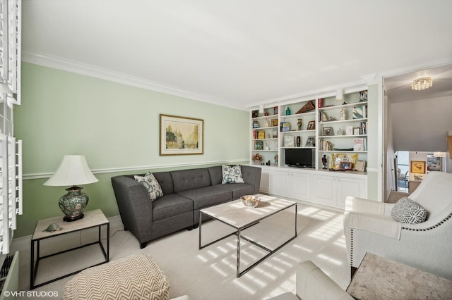 living room with crown molding and light carpet