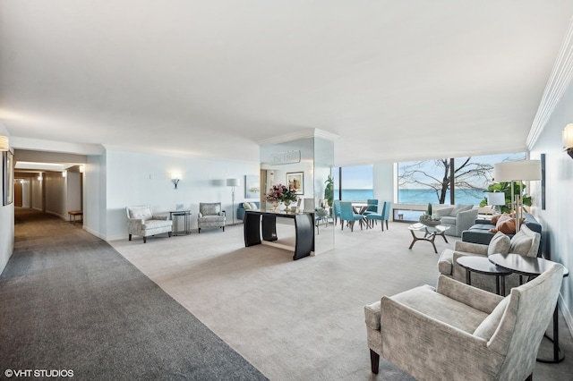 carpeted living room with ornamental molding, a water view, and a wall mounted AC