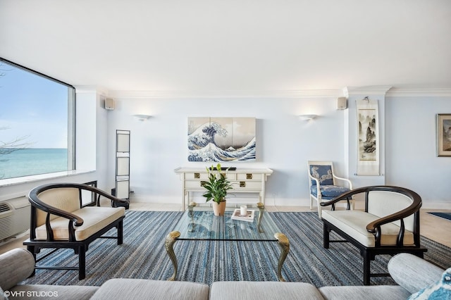 living room with ornamental molding and a water view