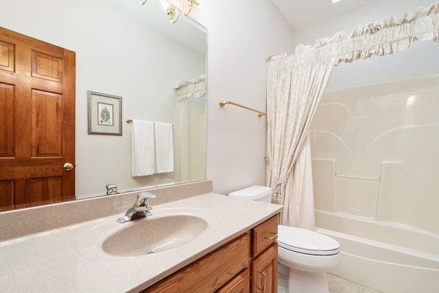 full bathroom featuring vanity, tile patterned flooring, shower / bath combination with curtain, and toilet