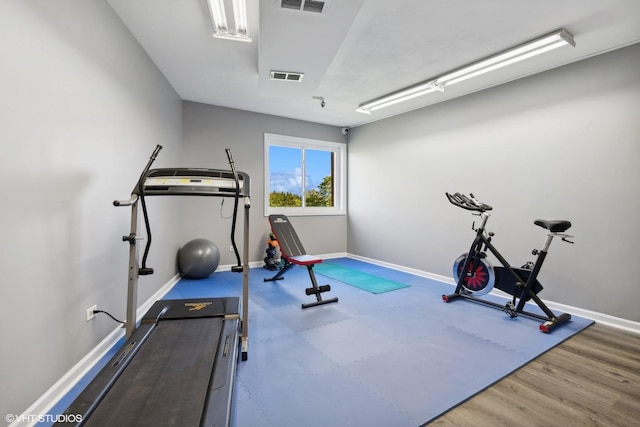 workout area featuring hardwood / wood-style floors