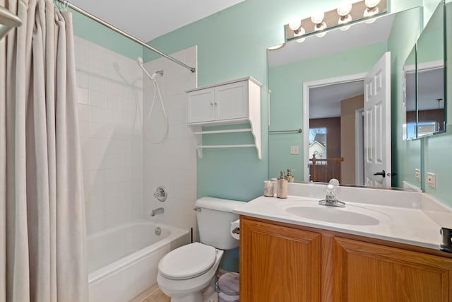 full bathroom with vanity, shower / bathtub combination with curtain, and toilet