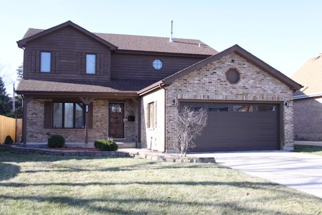 view of front of home featuring a front yard and a garage