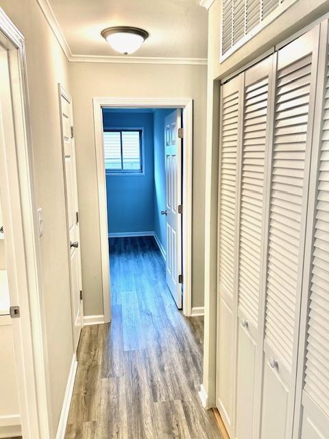 hall featuring light wood-type flooring and crown molding