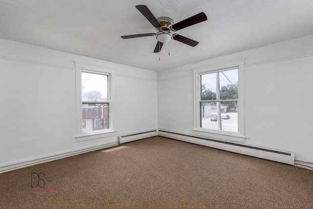 carpeted empty room featuring a textured ceiling, a baseboard radiator, and ceiling fan