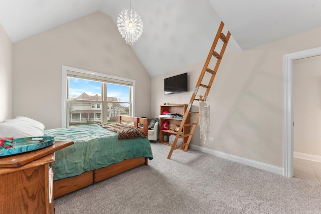 bedroom with high vaulted ceiling, light colored carpet, and an inviting chandelier