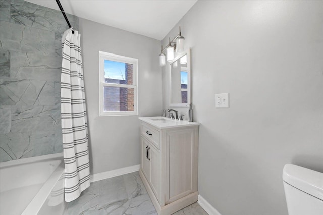 full bathroom with shower / bath combo, vanity, and toilet