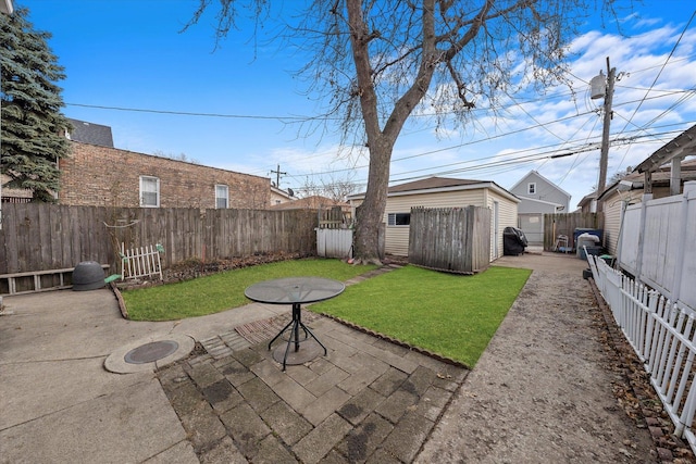 view of yard with a patio area and a storage unit